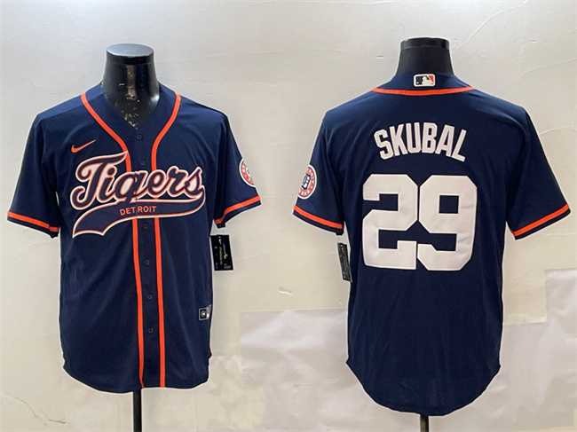 Mens Detroit Tigers #29 Tarik Skubal Navy With Patch Cool Base Stitched Jersey